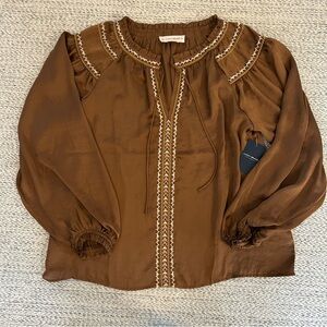 NWT Lucky Brand Brown Embroidered Long Sleeve Boho Satin Peasant Blouse size XS
